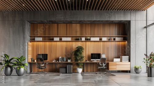 The concept of a modern office interior with desks  chairs  computers  and bookshelves  set on a concrete floor and wooden panel background.