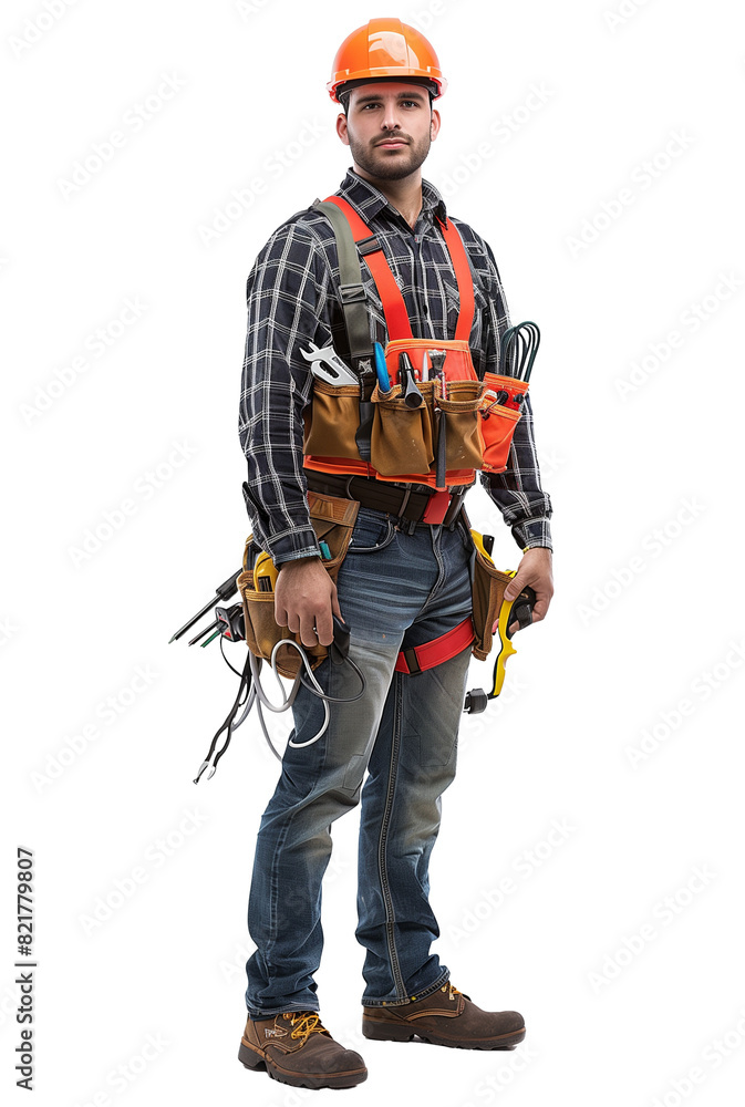 Electrician Wearing Safety Gear and Tool Belt with Tools Electrician Wearing Safety Gear and Tool Belt with Tools