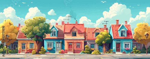 A row of colorful houses with trees in front of them