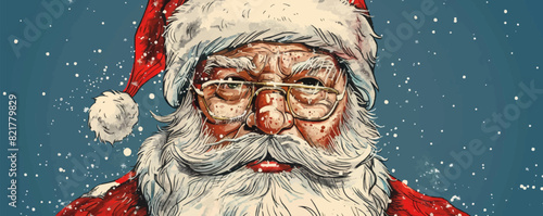 A cartoon drawing of Santa Claus with a red hat and glasses