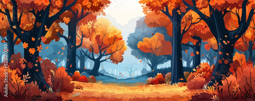 A painting of a forest with trees in autumn colors