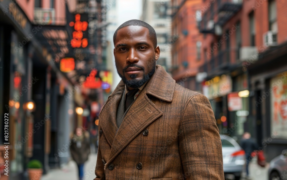 A young man in a brown coat is walking down the street A young man in a brown coat is walking down the street