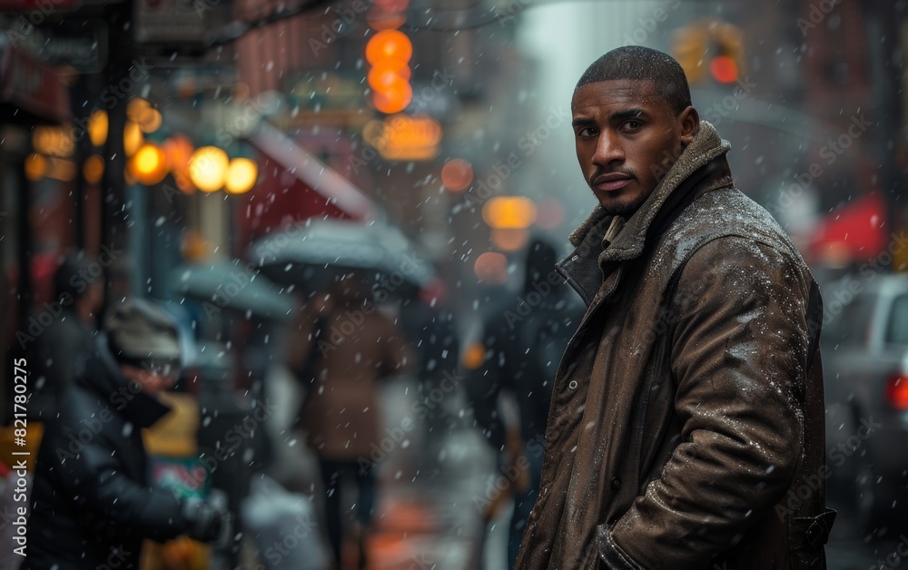 A young man stands on a street in the rain, wearing a raincoat A young man stands on a street in the rain, wearing a raincoat