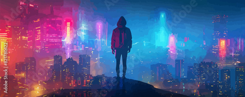 A person in a hoodie standing on a hilltop and looking down at a futuristic cyberpunk neon city. vector simple illustration