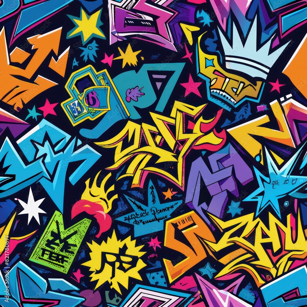Naklejka premium Seamless pattern of graffiti tags and symbols inspired by hip-hop and street culture, Generative AI