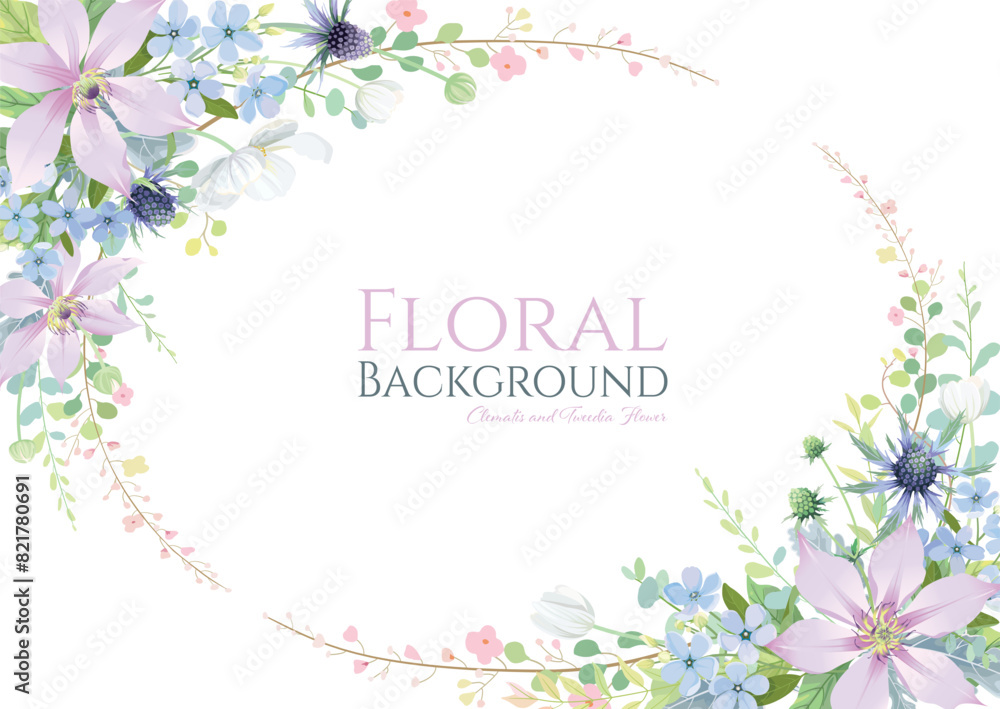 Clematis and Tweedia flower with greenery frame border on white background. Beautiful template for wedding invitation or greeting card, banner. All elements are isolated and editable. Vector. Clematis and Tweedia flower with greenery frame border on white background. Beautiful template for wedding invitation or greeting card, banner. All elements are isolated and editable. Vector.