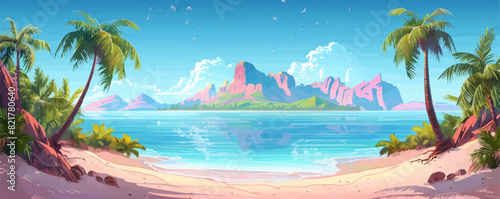 Sand sea beach with palm trees and mountains in water. Colorful cartoon vector