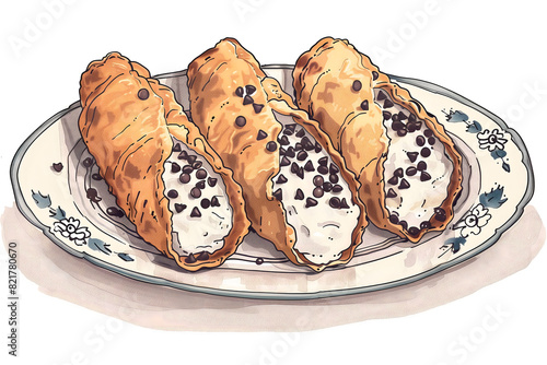 An illustration of a white plate of cannoli on a white background photo