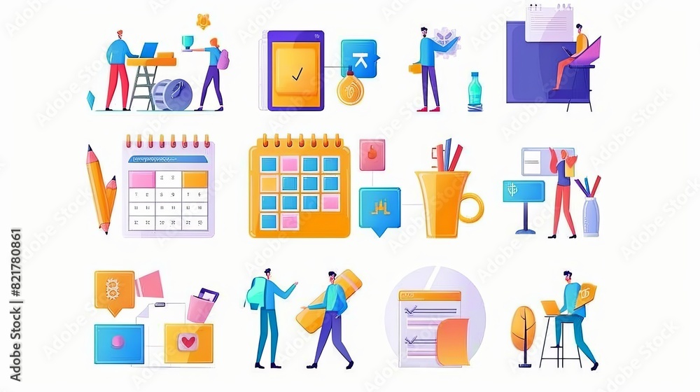 Work, agendas, meetings, events, and job plans, Linear flat modern illustration with business people taking notes and planning affairs for the month or week. Work, agendas, meetings, events, and job plans, Linear flat modern illustration with business people taking notes and planning affairs for the month or week.