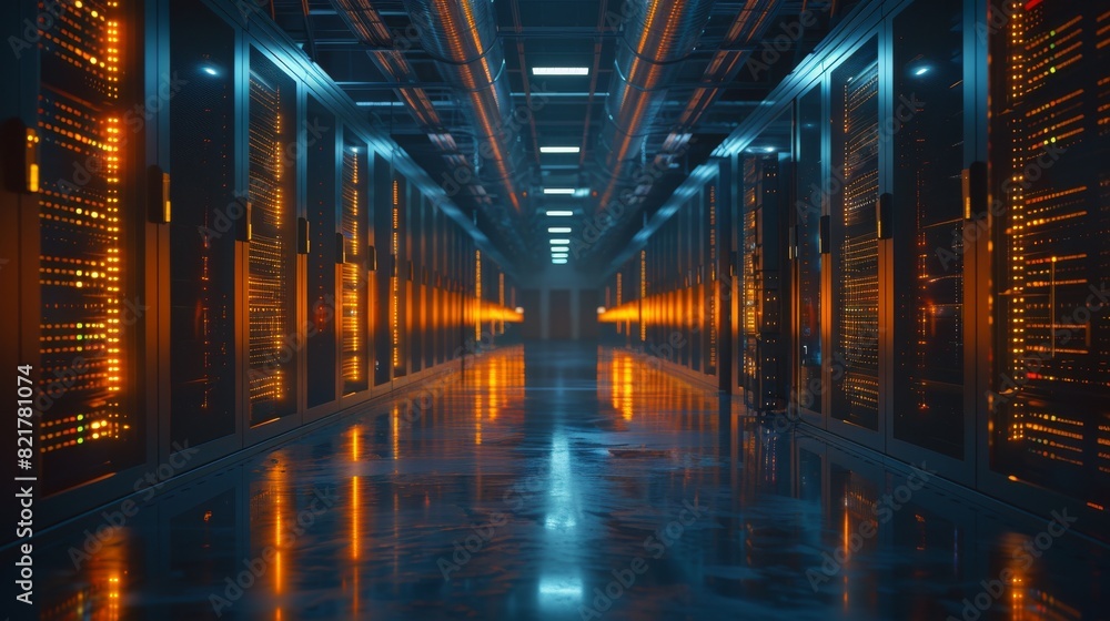 A data center with rows of rack servers and blinking led lights. Computers working. A data center with rows of rack servers and blinking led lights. Computers working.
