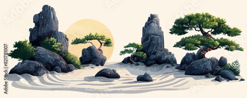 A tranquil Zen garden with raked sand, serene rock formations, and bonsai trees. Vector flat minimalistic isolated