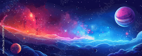 Abstract space journey, with bright stars and galaxies in the background. Vector flat minimalistic isolated illustration in digital art style.