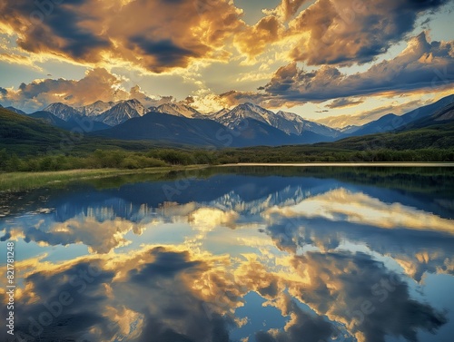 Stunning mountain landscape with dramatic clouds reflecting in a serene lake at sunset, showcasing nature's beauty.