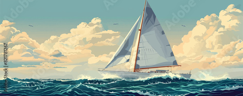 Retro ship sails on waves of sea. Sailboat sailing, side view. vector simple illustration