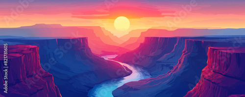 A tranquil river winding through a vibrant canyon, its waters reflecting the warm hues of the sunset. Vector flat minimalistic isolated illustration.