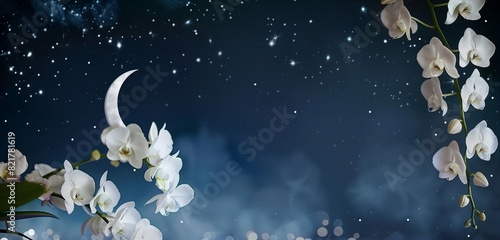 Minimalist Eid ul Adha card with white orchids, crescent moon, and serene night sky, left side copy space, elegant design, Eid Mubarak wishes, festive background, stock image