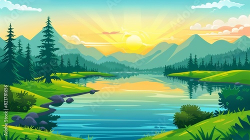 Summer mountain scene with lake. Water in river near meadow and trees. Sunset alps with orange cloud sky.