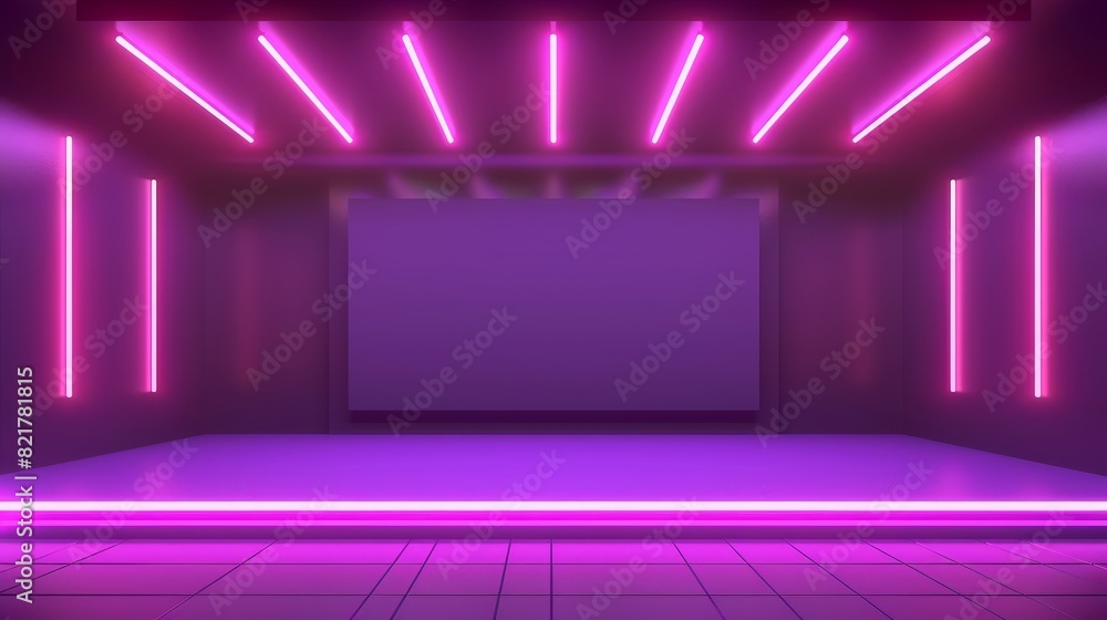 The neon room with led light stage modern background. The dark abstract studio with screen night scene. 3D purple showroom interior for casino game design.