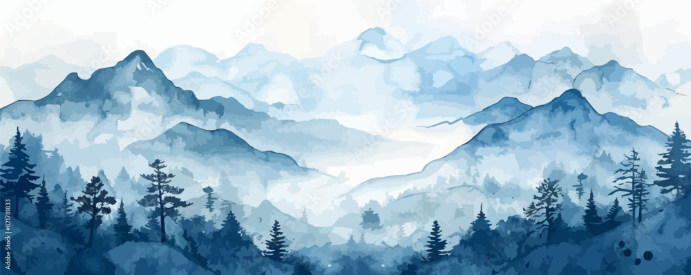 Abstract landscape mountain background. Traditional watercolor oriental, Japanese style. vector simple illustration