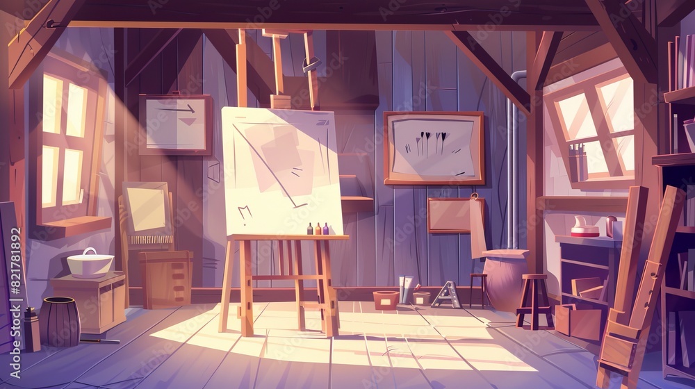 Studio room with easel and paint set. Isolated art workshop furniture ...