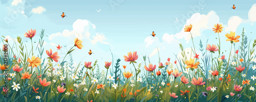 A tranquil meadow blanketed with wildflowers, butterflies, and the distant sound of buzzing bees. Vector flat minimalistic isolated illustration