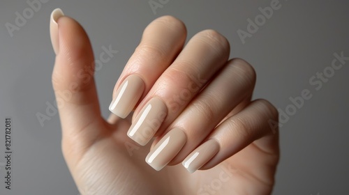 A woman's hand featuring a sophisticated neutral-colored manicure on long square nails is set against a gray background. The gel polish adds a refined and elegant touch. © peerawat