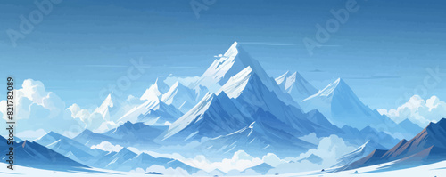 Majestic snow-capped mountains piercing the sky, their peaks obscured by wisps of clouds. Digital art style vector flat minimalistic isolated