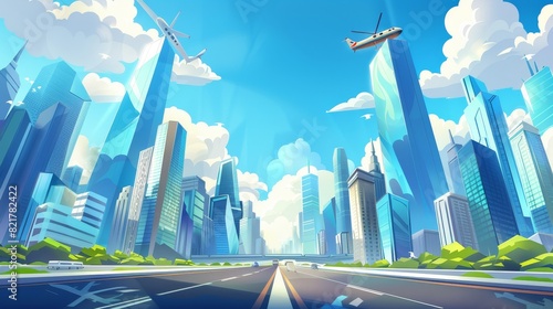 Modern illustration of modern urban landscape with highway and plane in the sky  helicopter on top of a skyscraper  apartments  and office buildings.