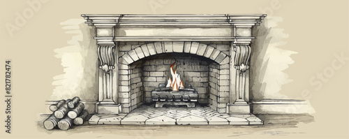 Antique vintage fireplace with fire hand drawn sketch vector