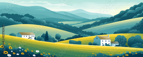 An idyllic countryside scene with rolling hills and a quaint village nestled in the valley. Vector flat minimalistic isolated