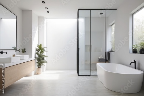Minimal White Bathroom Design With End To End Glass Partition