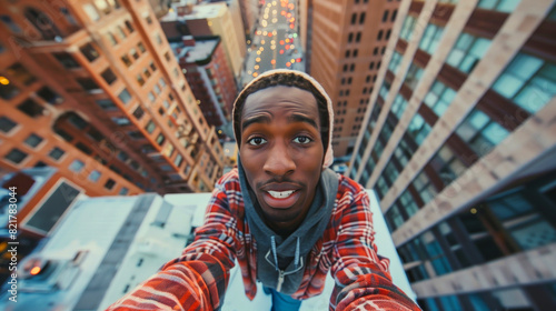 A man with a beard and a plaid shirt is taking a selfie from the top of a building. a trendy, hip hop style black man, standing over building ledge taking a selfie. with a top down forced perspective photo