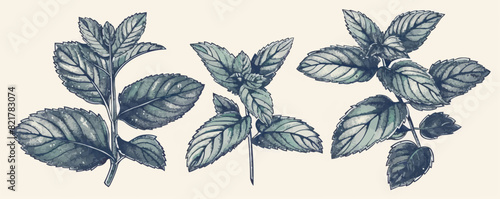 Mint leaf sketch hand drawn plants. vector simple illustratio