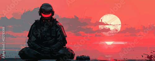 Cyberpunk samurai meditates siting on the cyberpunk. vector simple illustration