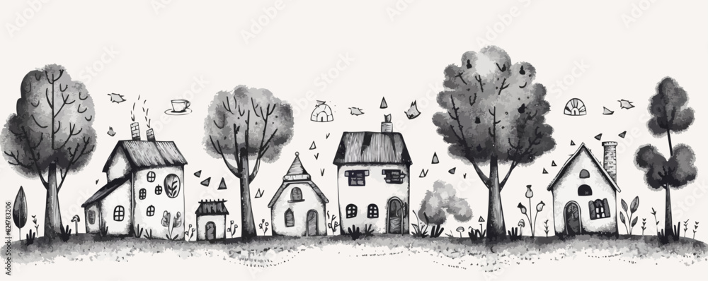 Collection of hand drawn houses, cottages, villas.Houses for eco theme.Doodle style. vector simple illustration