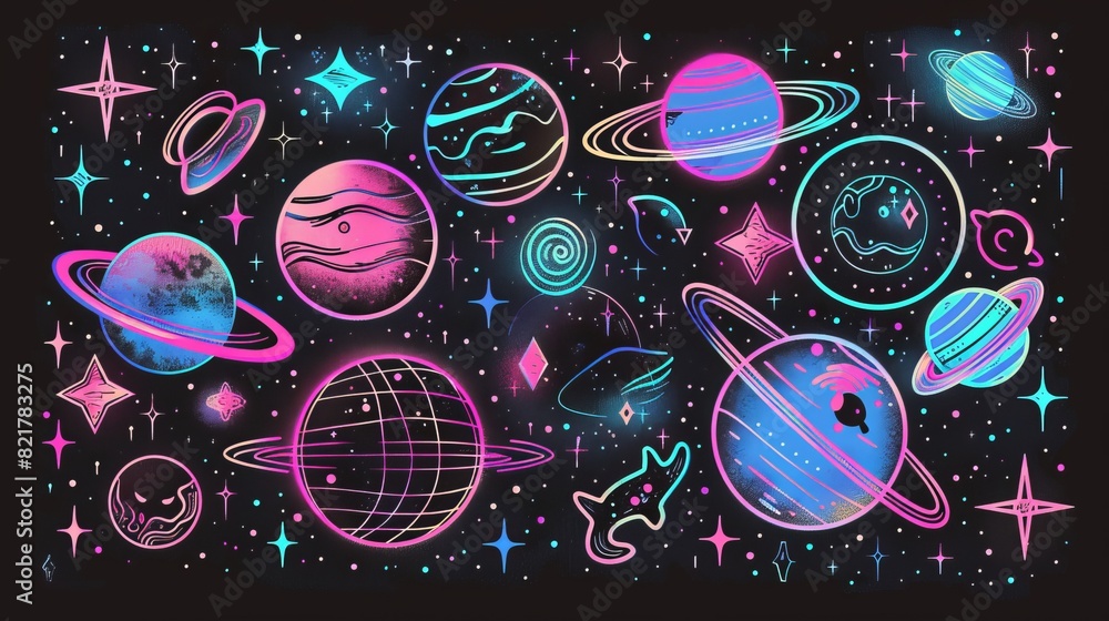 This space poster template features an acid grid pattern with a neon blue planet sticker on a black background. Each banner has an alien world and twinkles design.