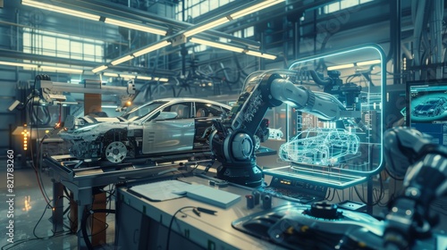 Automotive Engineers Working on Advanced Models for High-Tech Engines. Automated Robot Arm Industrial Assembly Line Manufacturing Electric Vehicles.