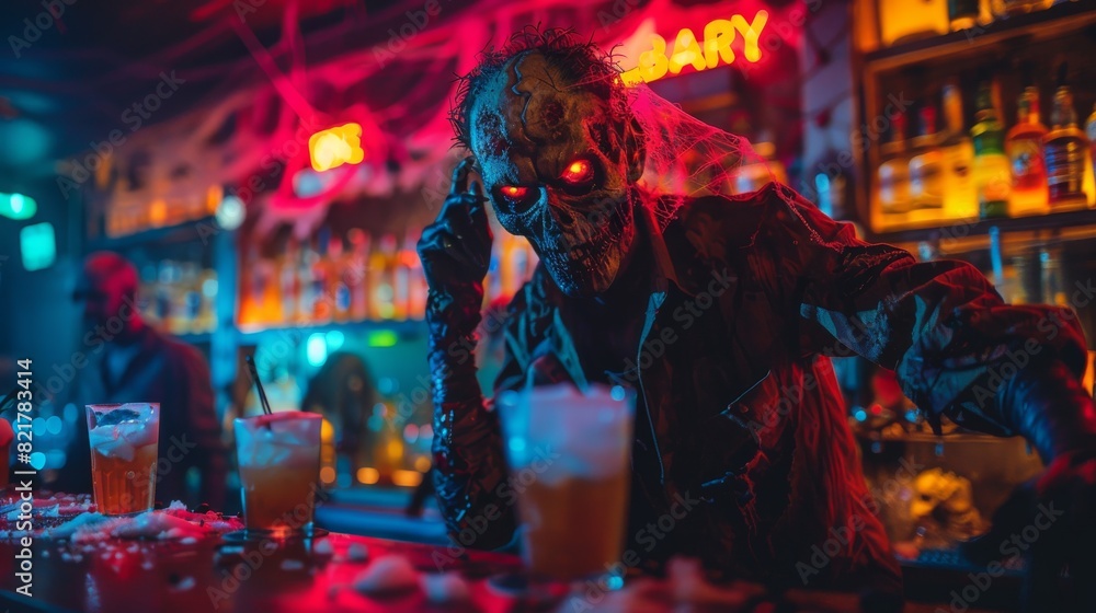 A zombie bartender serving drinks to other zombies in a spooky neon dimly lit bar. Halloween banner A zombie bartender serving drinks to other zombies in a spooky neon dimly lit bar. Halloween banner