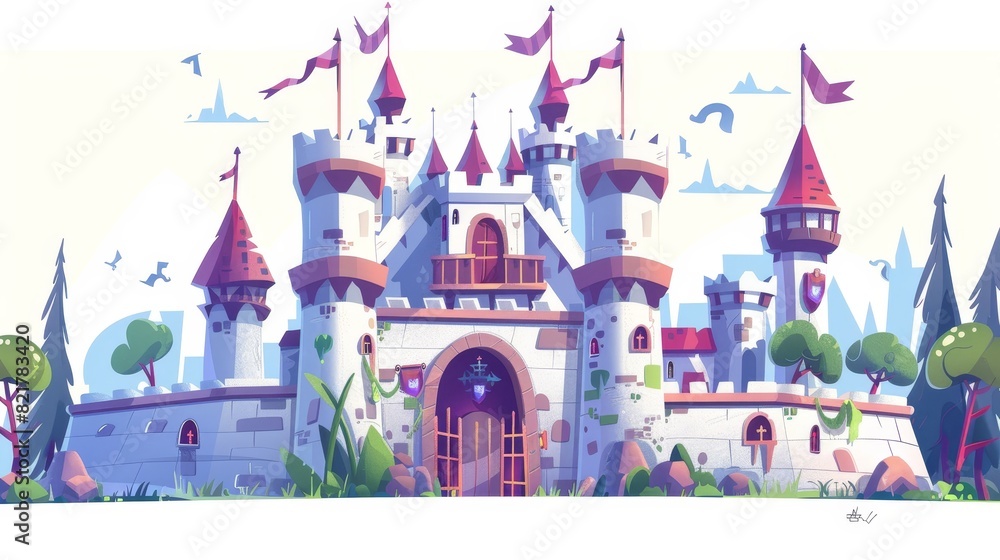 An old medieval castle with towers and flags, windows and gates, stone walls, a cartoon illustration set of a magical palace with turrets. Collection of medieval architecture with towers.