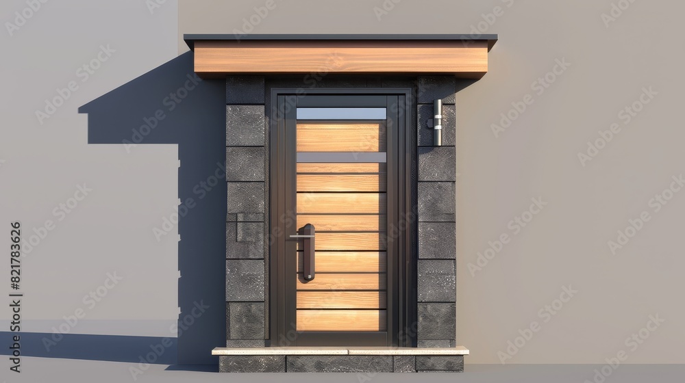 3D realistic wooden front door within modern house. Isolated office interior gate with glass and handle. Black and brown simple room entry object frame. 3D realistic wooden front door within modern house. Isolated office interior gate with glass and handle. Black and brown simple room entry object frame.