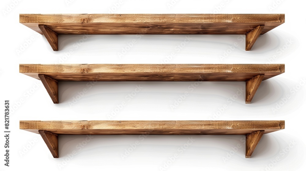 The 3D wooden shelves set are isolated on a white background. This ...