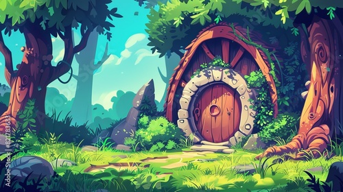 A cute fairytale gnome house in a woodsy glade with grass and tall trees. Modern cartoon illustration of a wooden hut with a round door and window in a woodland glade. Illustration of a fantasy dwarf photo