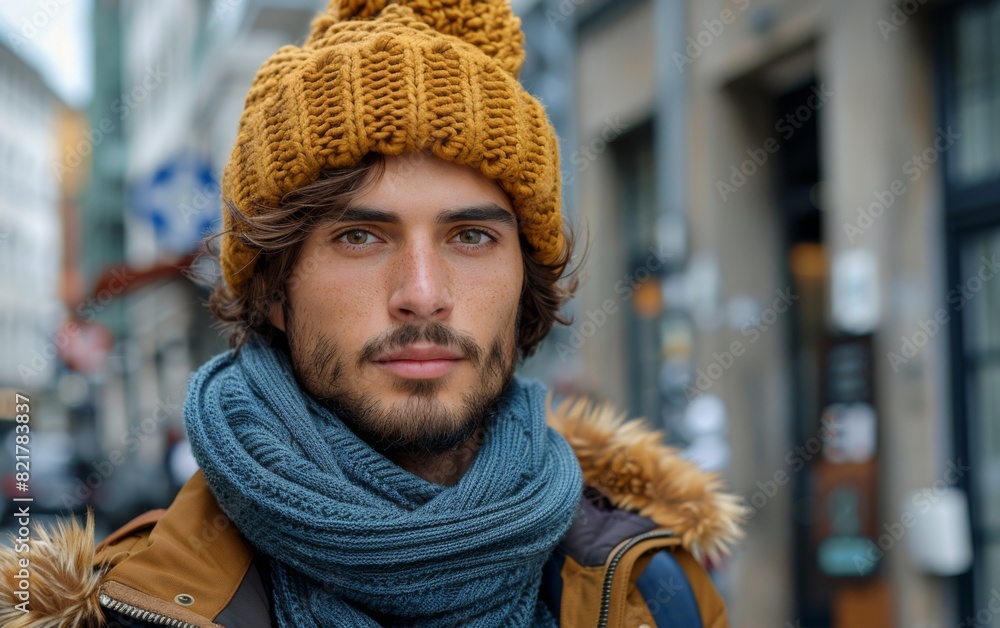 A young man is wearing a knitted hat and scarf A young man is wearing a knitted hat and scarf