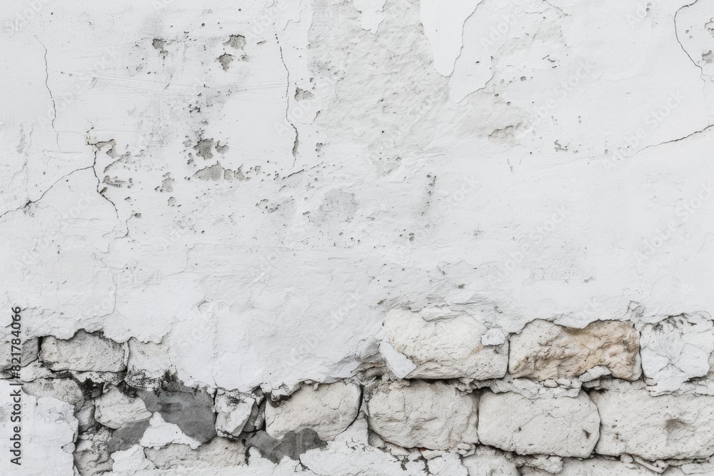 Obraz premium Weathered white plaster wall with exposed brick and cracks