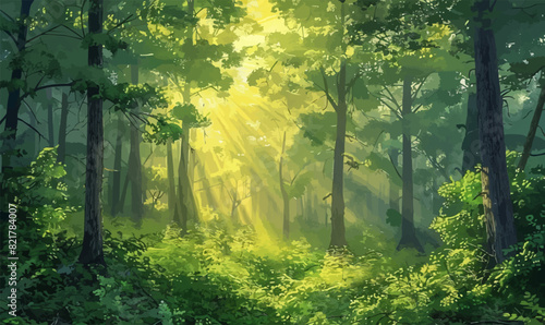 Dense forest with tall trees shrouded in lush greenery, pierced by the morning sun's rays. Vector illustration.