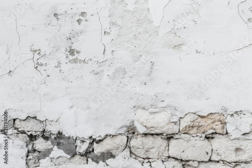 Weathered white plaster wall with exposed brick and cracks