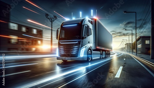Futuristic semi-truck driving through a city at night, highlighting speed and advanced technology