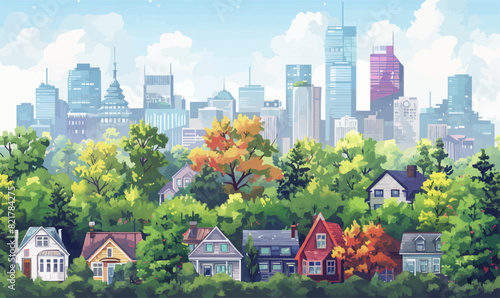 Urban and nature landscape. Modern city buildings, suburban houses and wild forest vector illustration. Contemporary metropolis with skyscrapers, suburbs with cottages and woods panorama