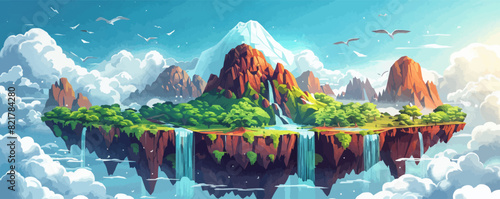 Flying island with waterfalls and watery expanses, surrounded by volcanoes. Vector flat minimalistic isolated illustration in digital art style