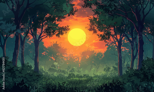 A landscape of a beautiful forest with the sun setting in the background.